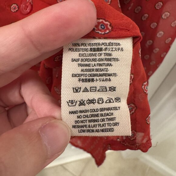 Free People Womens Easy Rider Red Combo Button Down Blouse Sz L Sheer Floral - Picture 9 of 10